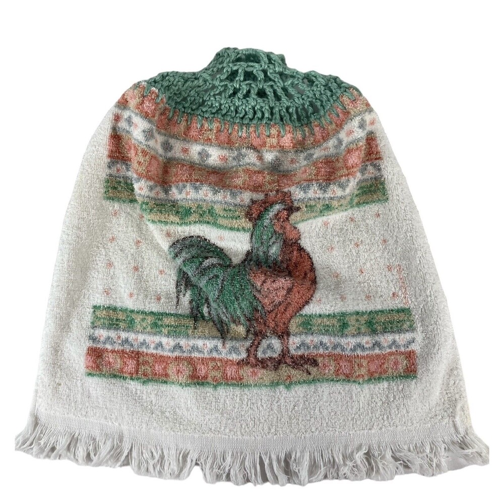 Vintage Kitchen Towel Rooster Crochet Handle Grannycore Cottagecore